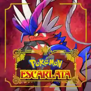Pokémon Escarlata: carátula del juego con el legendario Koraidon, un dragón rojizo y azul con plumas en la cabeza y pecho, enmarcado con un borde dorado ornamental y el título 'Pokémon Escarlata' en amarillo.