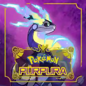 Pokémon Púrpura: carátula del juego con Miraidon, un dragón-serpiente de color violeta con detalles eléctricos azules y amarillos, enmarcado por un borde dorado y con el título 'Pokémon Púrpura' en letras amarillas.