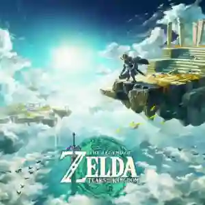 The Legend of Zelda: Tears of the Kingdom: ilustración epica con Link de pie sobre una isla flotante en el cielo, observando un mundo de nubes y plataformas suspendidas mientras el sol ilumina el horizonte, con el logotipo verde del juego en la parte inferior.