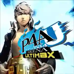 Portada de Persona 4 Arena Ultimax con el protagonista Yu Narukami sosteniendo un cinturón de campeón y el logotipo del juego.