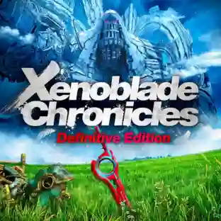 Portada de Xenoblade Chronicles: Definitive Edition con la espada Monado clavada en un prado verde y el titán Mechonis al fondo bajo un cielo azul.