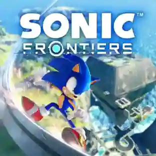 Sonic Frontiers: portada con Sonic corriendo dentro de un anillo metálico sobre un paisaje de islas flotantes y ruinas, con el título 'Sonic Frontiers' en grandes letras blancas en la parte superior.