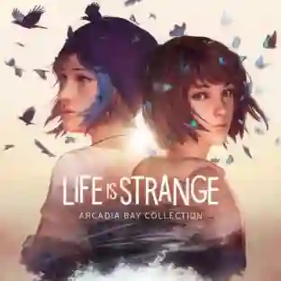 Life is Strange: Arcadia Bay Collection: portada con los perfiles de las protagonistas Max Caulfield y Chloe Price de espaldas entre sí, rodeadas de pájaros volando y el título 'Life is Strange Arcadia Bay Collection' en la parte inferior.