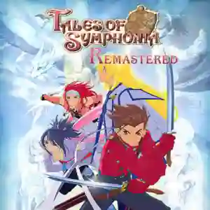 Tales of Symphonia Remastered: ilustración de portada con Lloyd Irving y otros personajes del juego empuñando espadas y bastones en posiciones de acción, sobre un fondo helado con un dragón azul y el título rojo en la parte superior.
