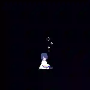 Unreal Life: imagen pixel art de una chica de cabello azul sentada en el suelo oscuro con burbujas blancas flotando sobre ella