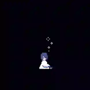 Unreal Life: imagen pixel art de una chica de cabello azul sentada en el suelo oscuro con burbujas blancas flotando sobre ella