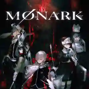 Monark: ilustración oscura con cuatro estudiantes de anime en uniformes negros y blancos envueltos en energía roja, con el protagonista de cabello plateado en el centro, una chica con venda en los ojos y otros personajes con espadas y cuernos, bajo el logo "MONARK" en la parte superior.