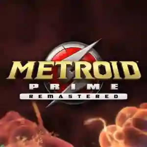 Metroid Prime Remastered: logotipo dorado y plateado del juego con esfera roja cruzada por una barra plateada, sobre un fondo oscuro con formas orgánicas naranjas.