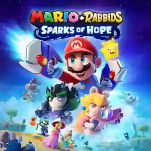 Mario + Rabbids: Sparks of Hope: ilustración promocional con Mario empuñando dos blásters y una chispa amarilla a su lado, acompañado de Peach Rabbid, Luigi Rabbid y otros personajes en un cielo estrellado con planetas de fondo y el logotipo del juego.