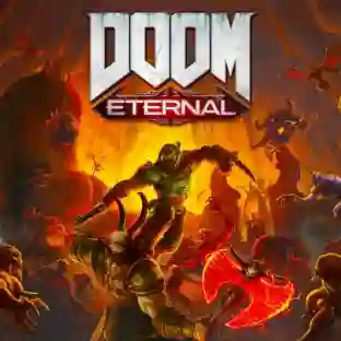 Portada de DOOM Eternal con el Doom Slayer luchando contra demonios en un paisaje infernal bajo el logotipo del juego