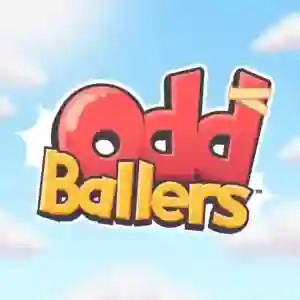 OddBallers: logotipo colorido con letras rojas y amarillas sobre fondo azul de nubes esponjosas. Juego de fiestas y minijuegos alocado de Ubisoft.