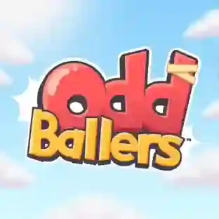 OddBallers: logotipo colorido con letras rojas y amarillas sobre fondo azul de nubes esponjosas. Juego de fiestas y minijuegos alocado de Ubisoft.