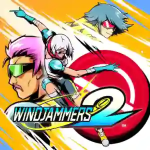 Windjammers 2: ilustración vibrante con una chica de cabello blanco y armadura azul estirándose para atrapar un disco volador rojo gigante, flanqueada por dos atletas de perfil con gafas y peinados rosa y azul, con el logo "Windjammers 2" en la parte inferior.