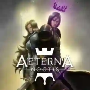 Aeterna Noctis: portada con dos guerreros de espaldas en tonos oscuros, uno con armadura dorada y casco vacío y otro con cabello violeta, con coronas brillantes flotando sobre sus cabezas y el logotipo 'Aeterna Noctis' en el centro.