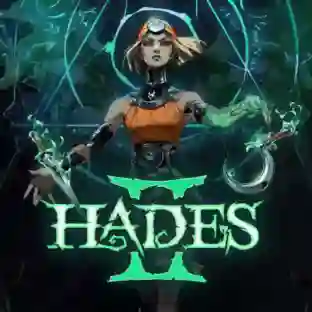 Hades 2: ilustracion de la protagonista Melinoe en pose de combate con dagas y poderes magicos, rodeada de runas verdes y el logo grande de HADES II
