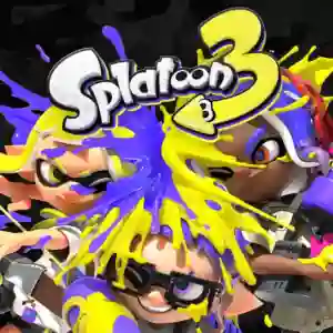Splatoon 3: portada del juego con varios inklings de cabello amarillo y morado en plena batalla, cubiertos de tinta mientras el logotipo 'Splatoon 3' destaca en letras blancas sobre un fondo de pintura dinámica.