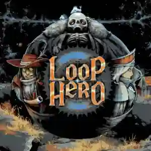 Loop Hero: portada pixelada con un gran engranaje oscuro en el centro, coronado por un esqueleto gigante con tentáculos, y dos héroes a los lados, uno con sombrero y bufanda roja y otro con casco con cuernos, con el título "Loop Hero" en letras naranjas.