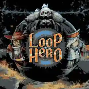 Loop Hero: portada pixelada con un gran engranaje oscuro en el centro, coronado por un esqueleto gigante con tentáculos, y dos héroes a los lados, uno con sombrero y bufanda roja y otro con casco con cuernos, con el título "Loop Hero" en letras naranjas.