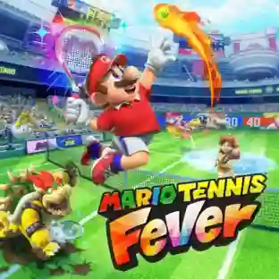 Mario Tennis Fever: ilustracion de portada con Mario saltando para golpear una bola de fuego con su raqueta mientras Bowser se prepara en la red en un estadio lleno de espectadores, con el logo colorido Mario Tennis Fever en primer plano