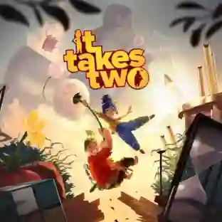 It Takes Two: portada del juego con los personajes Cody y May en miniatura saltando sobre un diente de león y otros objetos caseros en un mundo de aventuras cooperativas, con el logotipo amarillo 'It Takes Two' en la esquina superior izquierda.