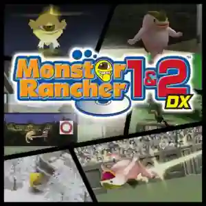 Monster Rancher 1 & 2 DX: portada con collage de escenas del juego, donde se ven monstruos como Suezo con un gran ojo amarillo y Mocchi rosado, sobre fondo dividido, con el título grande "Monster Rancher 1 & 2 DX" en colores amarillo, rojo y azul.
