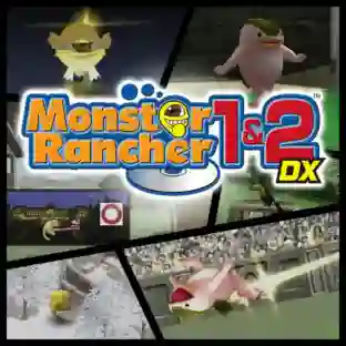 Monster Rancher 1 & 2 DX: portada con collage de escenas del juego, donde se ven monstruos como Suezo con un gran ojo amarillo y Mocchi rosado, sobre fondo dividido, con el título grande "Monster Rancher 1 & 2 DX" en colores amarillo, rojo y azul.