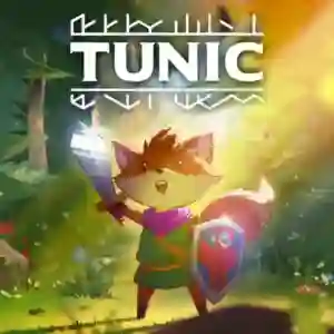 Tunic: portada del juego con un pequeño zorro antropomorfo vestido con túnica verde, sosteniendo una espada luminosa y un escudo rojo en un bosque radiante bajo el logotipo 'TUNIC' escrito con runas brillantes.