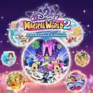 Disney Magical World 2: Enchanted Edition: portada colorida con un castillo iluminado y fuegos artificiales en el centro, rodeado de burbujas con personajes de Disney como Mickey y Minnie vestidos de magos, Elsa y Olaf de Frozen, Lilo y Stitch, la Princesa Sofía y Bella, junto al logo del juego.