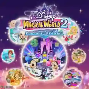 Disney Magical World 2: Enchanted Edition: portada colorida con un castillo iluminado y fuegos artificiales en el centro, rodeado de burbujas con personajes de Disney como Mickey y Minnie vestidos de magos, Elsa y Olaf de Frozen, Lilo y Stitch, la Princesa Sofía y Bella, junto al logo del juego.