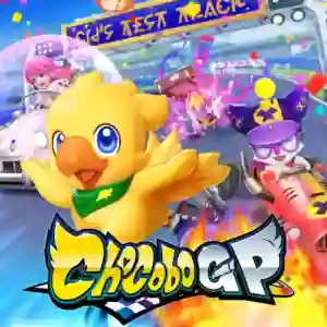 Chocobo GP: portada colorida del juego de carreras donde el famoso chocobo amarillo con pañuelo verde corre en primer plano, seguido por otros personajes en karts y efectos de velocidad, con un cartel de "Cid's Test Track" al fondo y el logo "Chocobo GP" en la parte inferior.