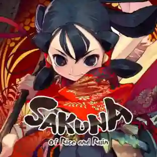 Portada de Sakuna: Of Rice and Ruin con la protagonista vestida con kimono rojo sosteniendo un bastón y el logotipo del juego