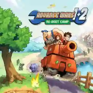 Advance Wars 1+2: Re‑Boot Camp: ilustración colorida de estilo anime donde el personaje Andy y otros comandantes conducen un tanque naranja por un sendero campestre, rodeados de soldados y explosiones, con el logotipo del juego en la parte superior.