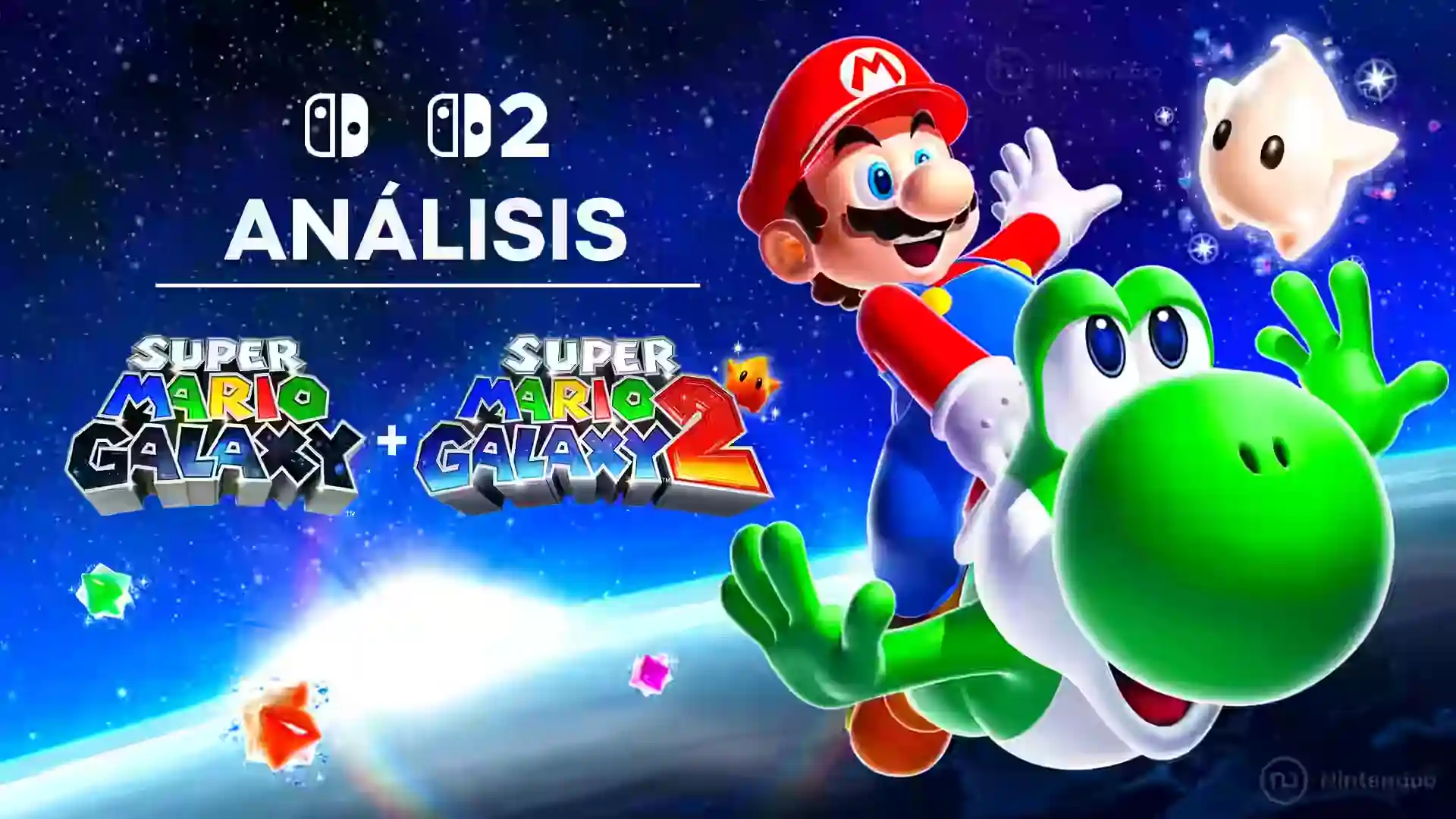 Montaje de análisis de Super Mario Galaxy y Super Mario Galaxy 2 con Mario montado en Yoshi y una estrella Luma flotando en el espacio.