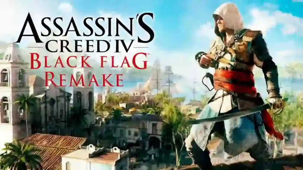 Arte del remake de Assassin's Creed IV Black Flag con Edward Kenway caminando armado frente a un puerto caribeño y el logotipo del juego.