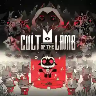 Cult of the Lamb: portada con cordero de dibujos animados en el centro elevando los brazos, rodeado de seguidores animales y símbolos de culto, con una gran criatura oscura al fondo y el logotipo 'Cult of the Lamb'.