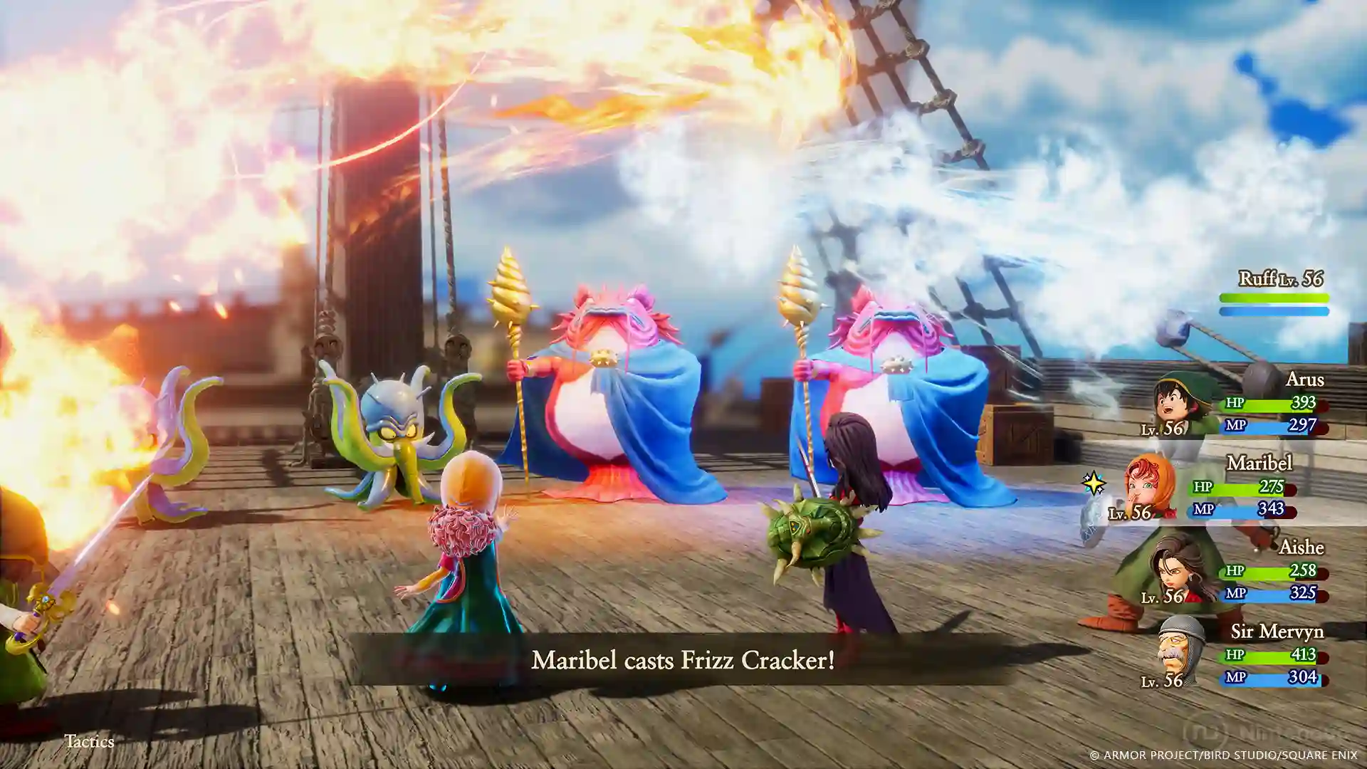 Dragon Quest VII Reimagined: escena de combate con una enorme explosión de fuego y un barco en llamas, personajes sobre la cubierta y un indicador 'Resist. 36' en pantalla.