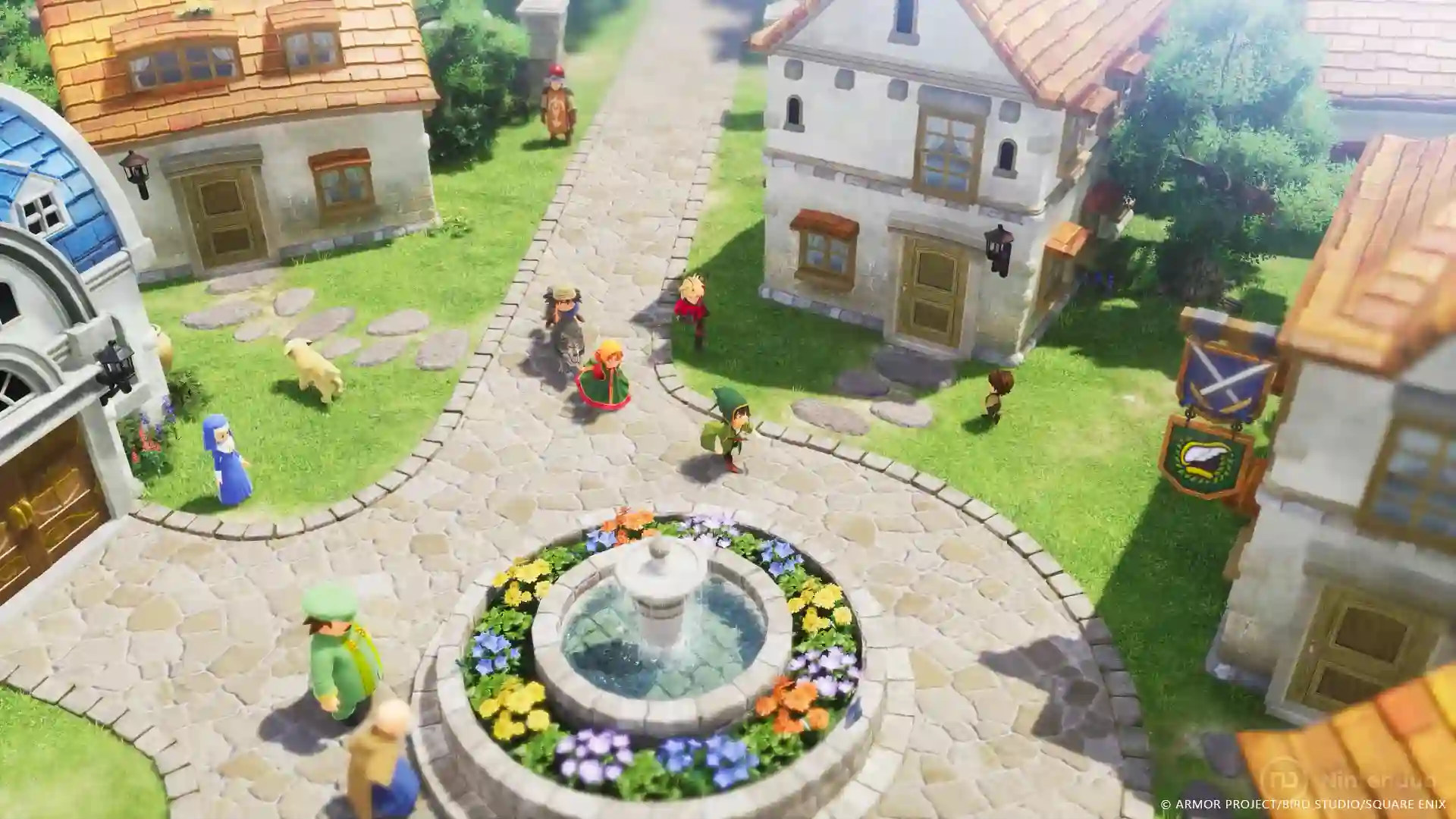 Dragon Quest VII Reimagined: vista superior de una aldea con casas de tejados naranjas, caminos de piedra y vegetación verde.
