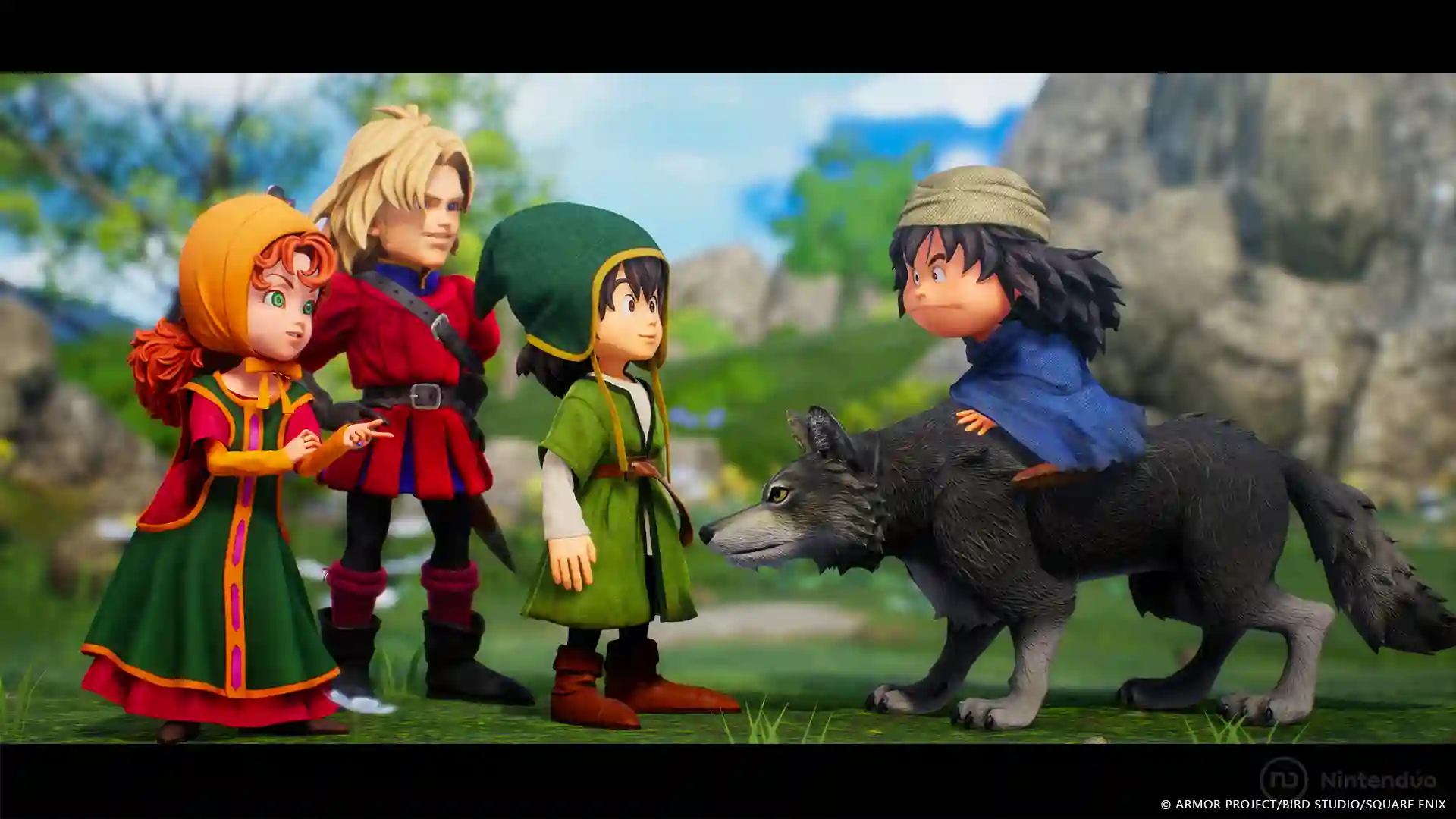 Dragon Quest VII Reimagined: personajes de aspecto juguete como una chica pelirroja, un caballero rubio y un niño con gorro verde observan y hablan con un jabalí negro en un paisaje campestre.