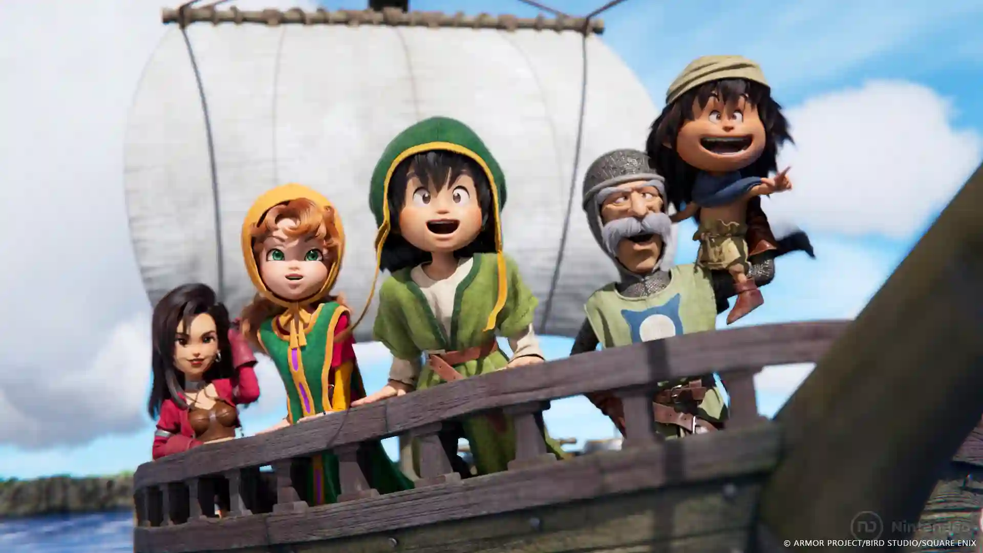 Dragon Quest VII Reimagined: grupo de personajes aventureros con estilo caricaturesco observan desde la cubierta de un barco de madera con gran vela blanca.