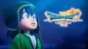 Arte de Dragon Quest VII Reimagined con el protagonista de cabello azul y capa verde mirando al horizonte junto al logo del juego.