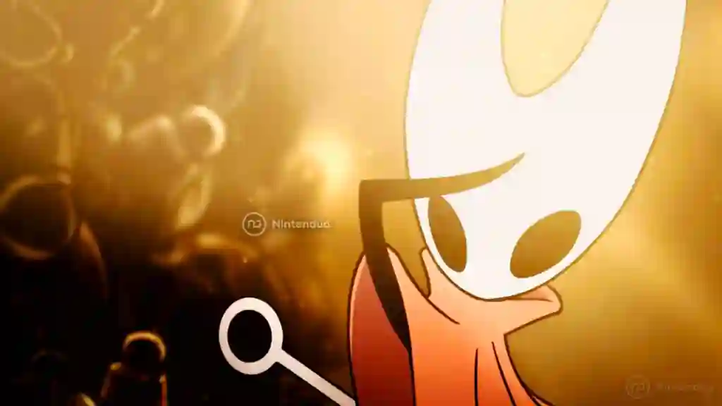Hornet, protagonista de Hollow Knight: Silksong, con un fondo dorado y su aguja en alto