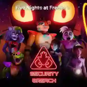 Five Nights at Freddy’s: Security Breach: portada con Glamrock Freddy, la chica protagonista y los animatrónicos Roxanne Wolf, Montgomery Gator y Glamrock Chica, bajo unos ojos gigantes brillantes y con el logotipo triangular rojo de 'Security Breach'.