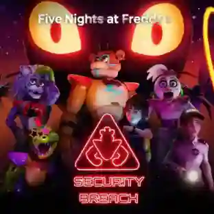 Five Nights at Freddy’s: Security Breach: portada con Glamrock Freddy, la chica protagonista y los animatrónicos Roxanne Wolf, Montgomery Gator y Glamrock Chica, bajo unos ojos gigantes brillantes y con el logotipo triangular rojo de 'Security Breach'.