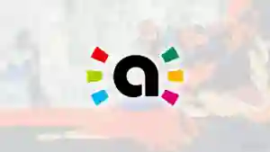 Logotipo de amiibo con destellos multicolores sobre una ilustración difuminada de Monster Hunter Stories 3.