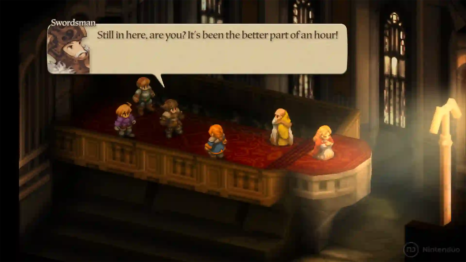 Escena de Final Fantasy Tactics con personajes en un salón con alfombra roja mientras un espadachín comenta «Still in here, are you? It's been the better part of an hour!».