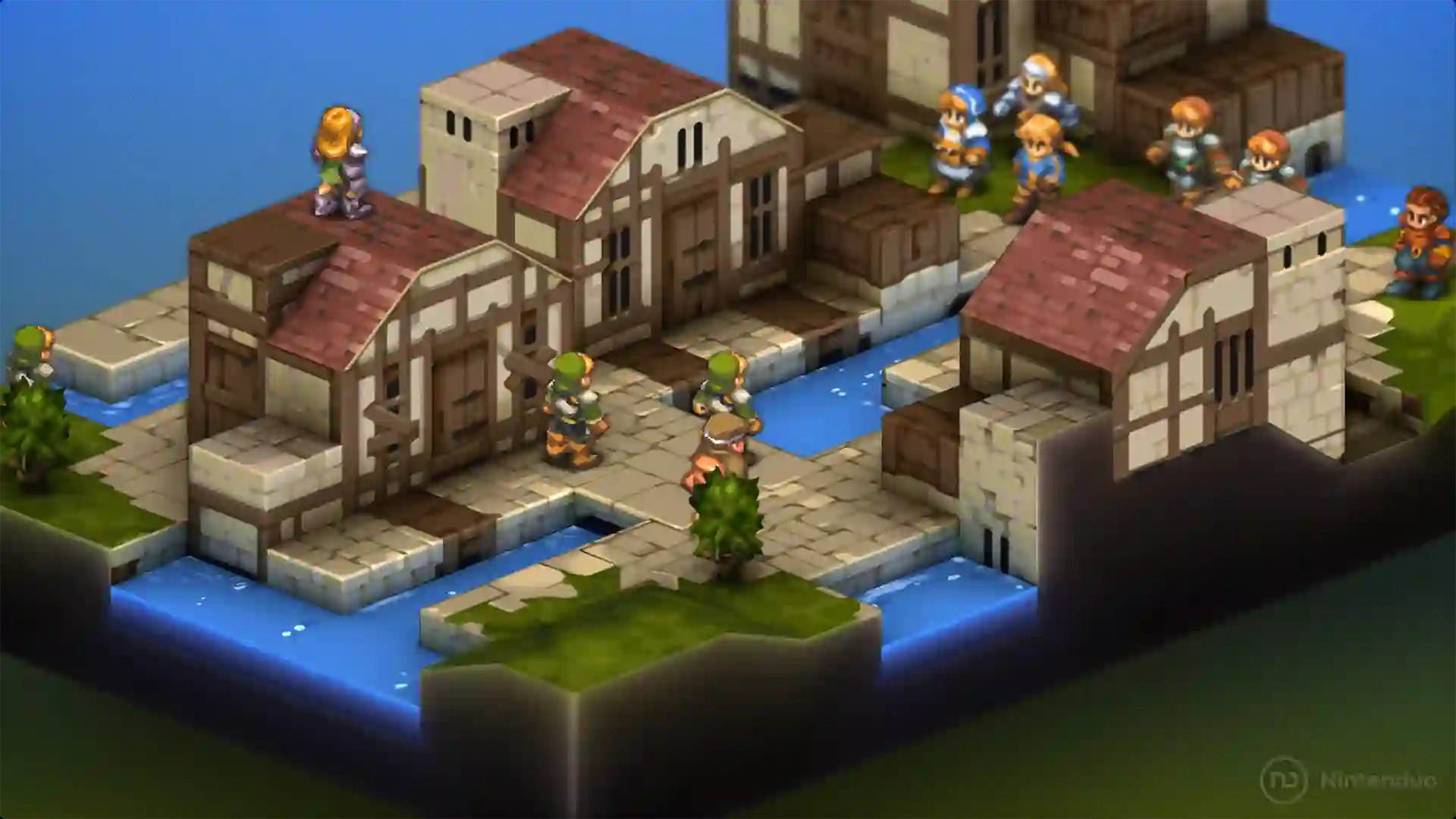 Escena de Final Fantasy Tactics con soldados pixelados cruzando un puente entre edificios y canales en vista isométrica.