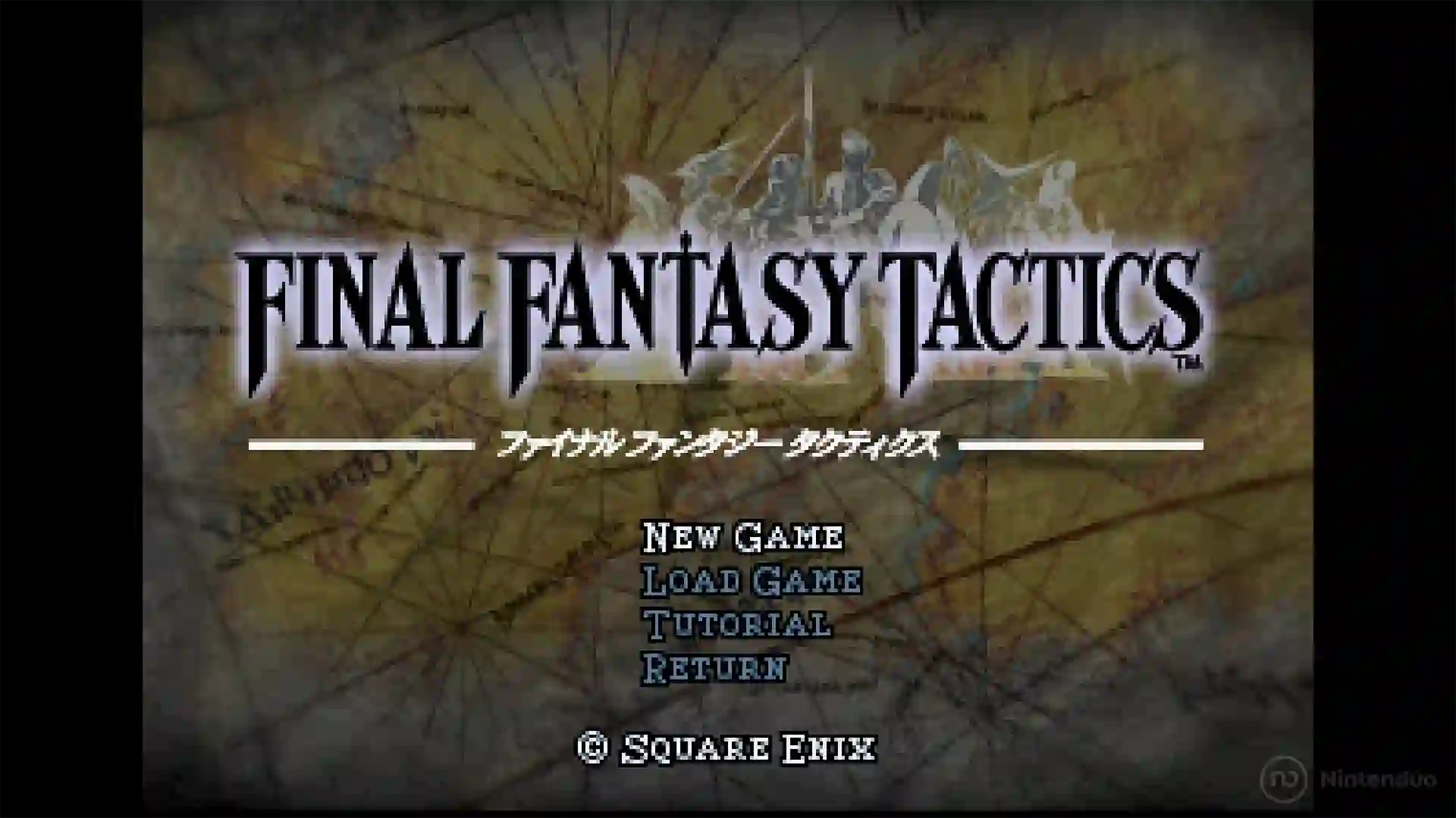 Pantalla de inicio de Final Fantasy Tactics con el logotipo y opciones del menú como New Game, Load Game y Tutorial.