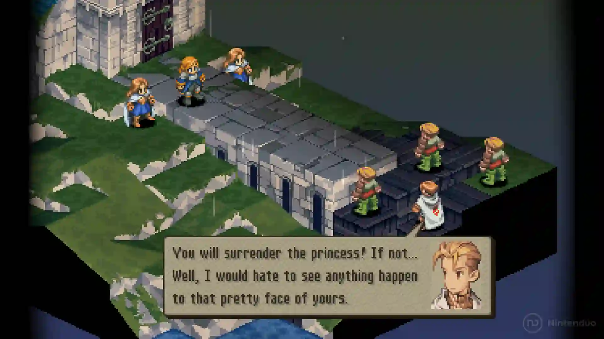 Escena de Final Fantasy Tactics con personajes en un campo de batalla isométrico y un cuadro de diálogo hablando sobre la princesa.