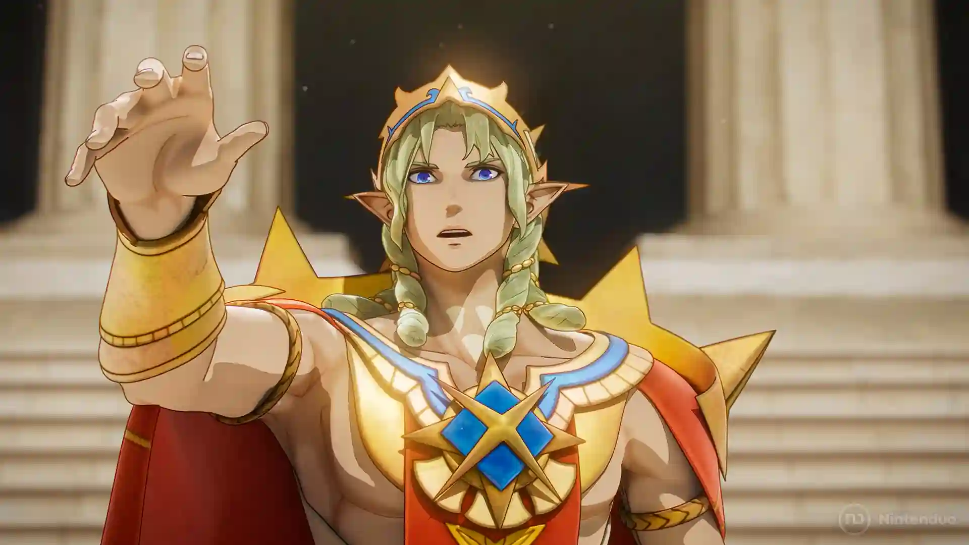 Fire Emblem Fortune's Weave: guerrero de cabello verde y orejas puntiagudas con armadura dorada y corona con cuernos alza la mano frente a un templo con columnas