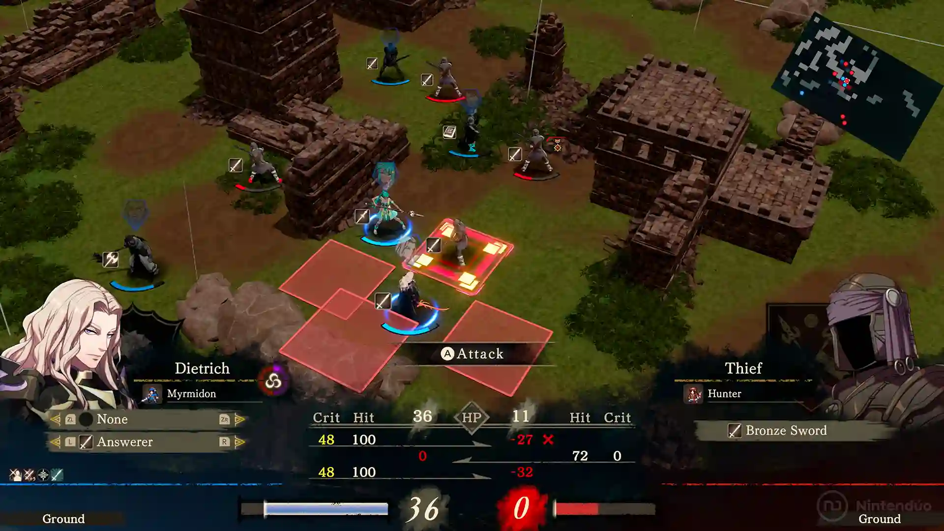 Fire Emblem Fortune’s Weave – batalla táctica ambientada en ruinas donde el personaje Dietrich, un myrmidon, selecciona la acción de ataque contra un enemigo; la cuadrícula roja indica el alcance y se muestran sus estadísticas y barras de vida.